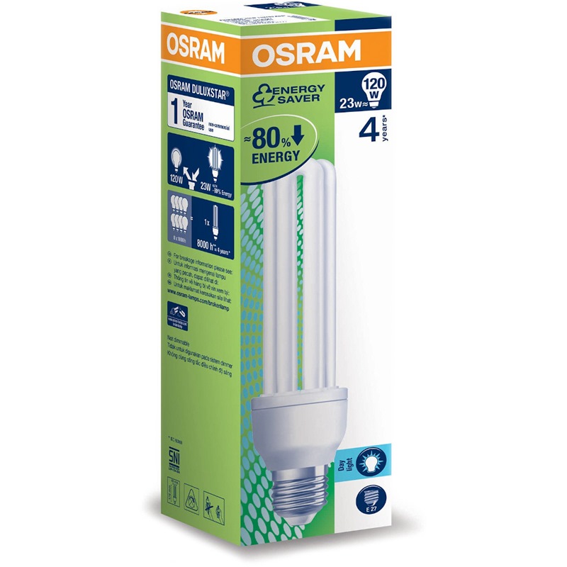 OSRAM DULUX STAR 23W/827 E27 ENERGY SAVER - Warm white compact fluorescent lamp with E27 socket, designed to provide soft, energy-saving lighting in medium-sized rooms or commercial installations